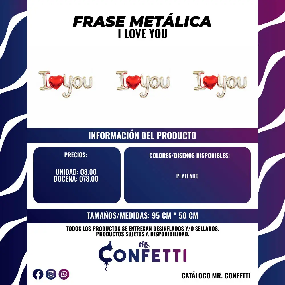 Frase Metálica I LOVE YOU plateado