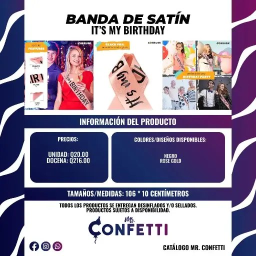 Banda de satín ITS MY BIRTHDAY para cumpleaños