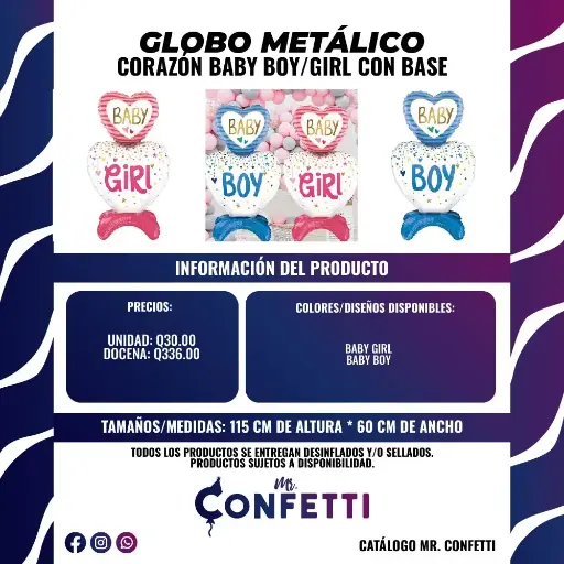 Metálicos de Corazón Baby BOY/GIRL con base