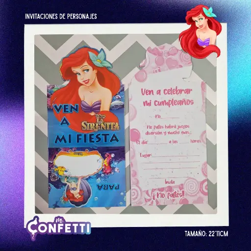 Invitación de personajes 10U Princesa La Sirenita