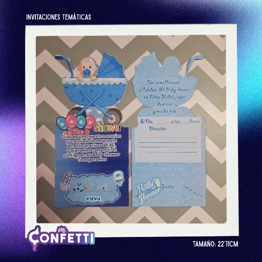 Invitación Temática 10U Baby Shower Carruaje Celeste