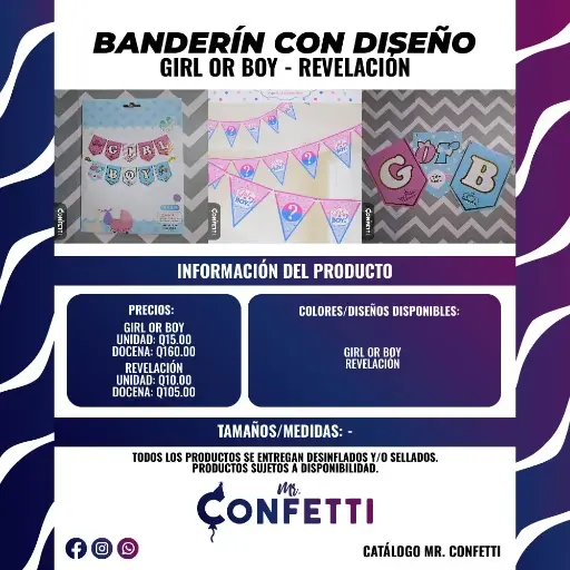 Banderín con diseño GIRL OR BOY y REVELACIÓN