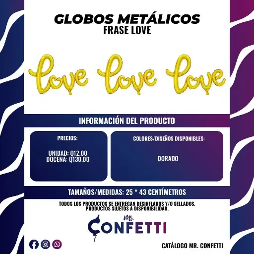 Frase Metálica LOVE dorado con corazón