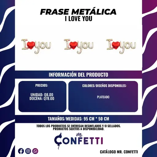 Frase Metálica I LOVE YOU plateado