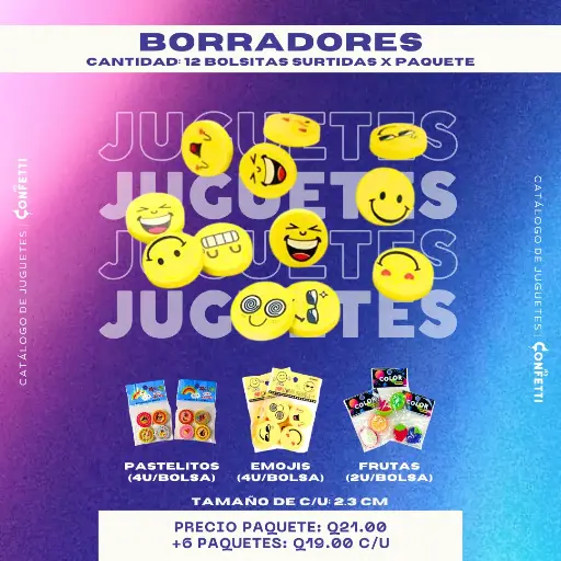 Borradores de Emojis 4U, Pastelitos 4U y Frutas 2U. 12 Bolsitas por paquete